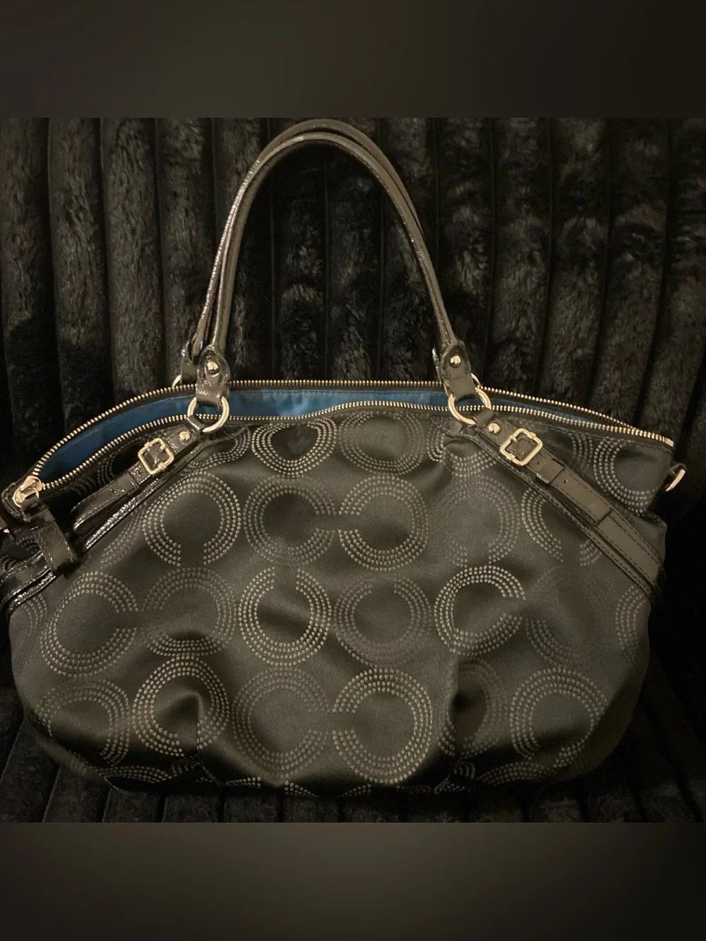 Coach Black Patterned Dome-Style Shoulder Bag with Gold Hardware